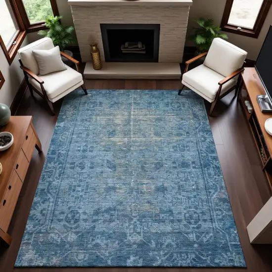 8' Blue And Silver Oriental Washable Area Rug With UV Protection Photo 5