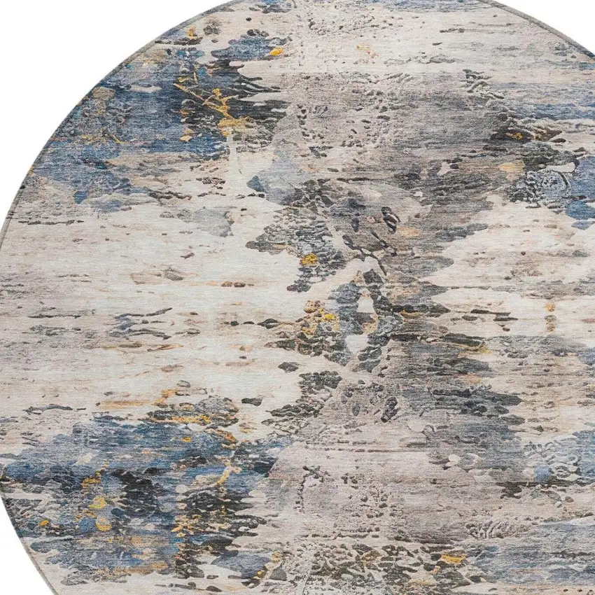 8' Blue And Silver Round Abstract Washable Indoor Outdoor Area Rug Photo 1
