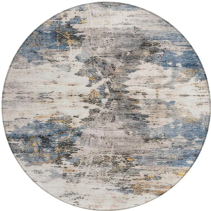 8' Blue And Silver Round Abstract Washable Indoor Outdoor Area Rug Photo 7