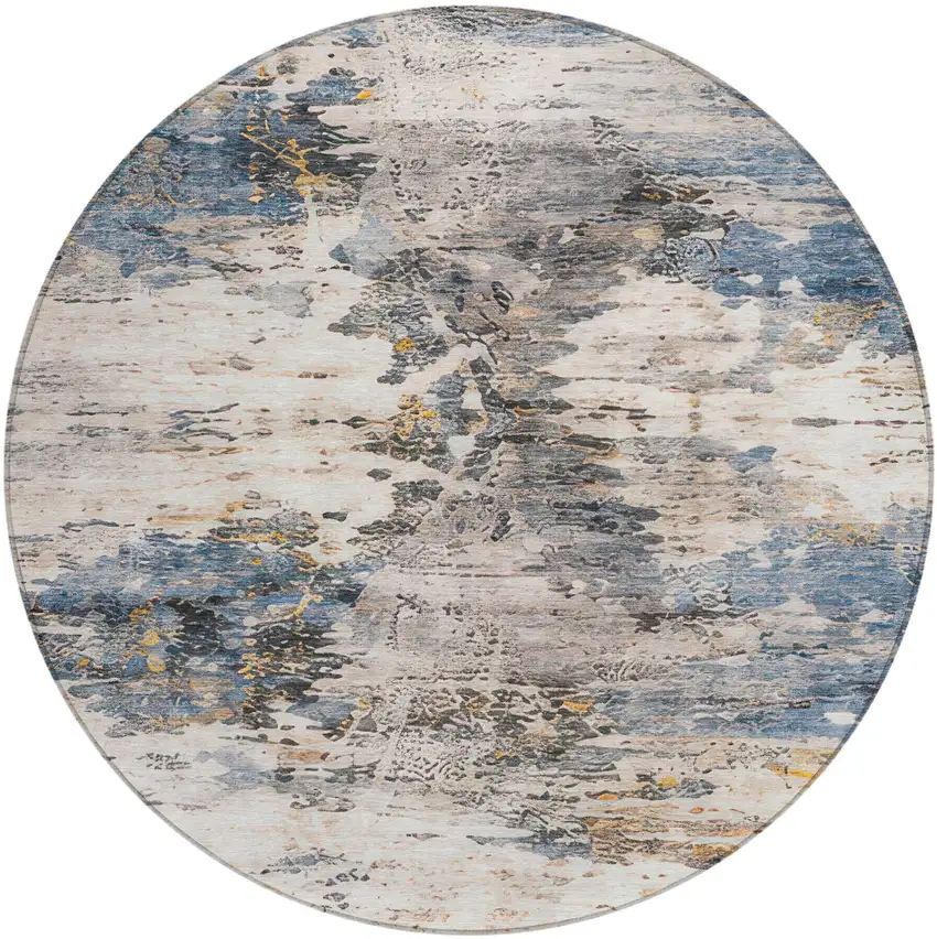 8' Blue And Silver Round Abstract Washable Indoor Outdoor Area Rug Photo 6