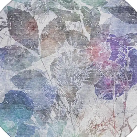 8' Blue And Silver Round Botanical Leaves Washable Indoor Outdoor Area Rug Photo 4