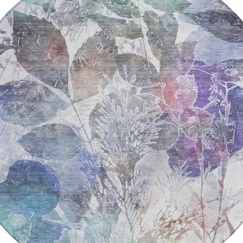 8' Blue And Silver Round Botanical Leaves Washable Indoor Outdoor Area Rug Photo 4