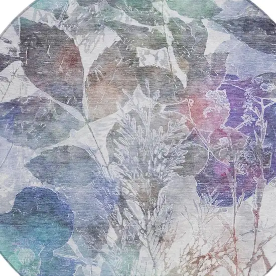 8' Blue And Silver Round Botanical Leaves Washable Indoor Outdoor Area Rug Photo 8
