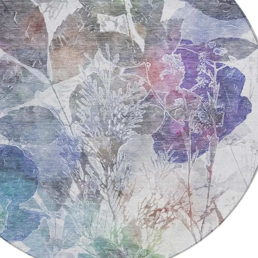 8' Blue And Silver Round Botanical Leaves Washable Indoor Outdoor Area Rug Photo 6