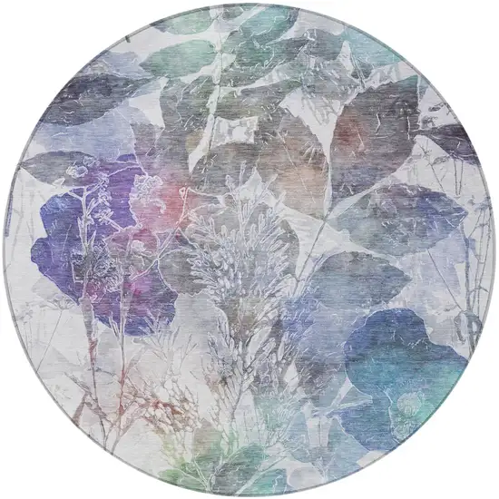 8' Blue And Silver Round Botanical Leaves Washable Indoor Outdoor Area Rug Photo 1