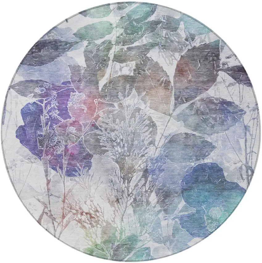 8' Blue And Silver Round Botanical Leaves Washable Indoor Outdoor Area Rug Photo 1
