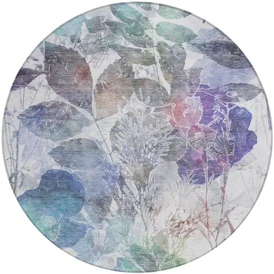 8' Blue And Silver Round Botanical Leaves Washable Indoor Outdoor Area Rug Photo 3
