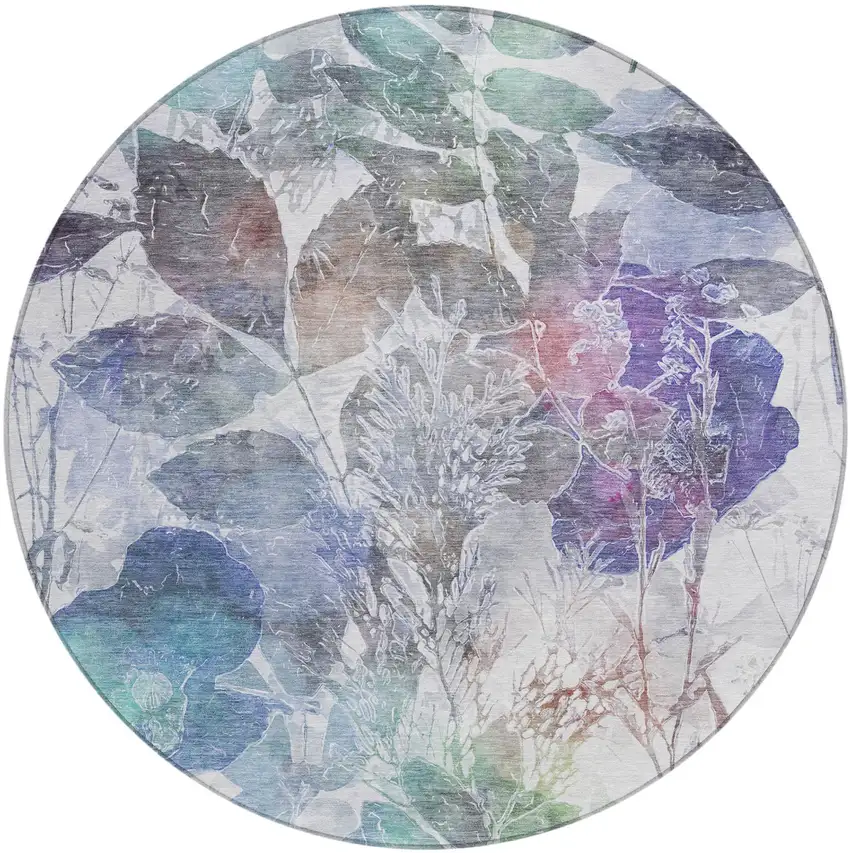8' Blue And Silver Round Botanical Leaves Washable Indoor Outdoor Area Rug Photo 3