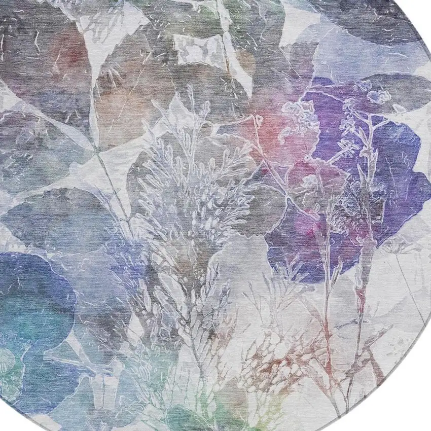 8' Blue And Silver Round Botanical Leaves Washable Indoor Outdoor Area Rug Photo 2