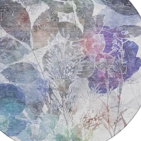 8' Blue And Silver Round Botanical Leaves Washable Indoor Outdoor Area Rug Photo 7