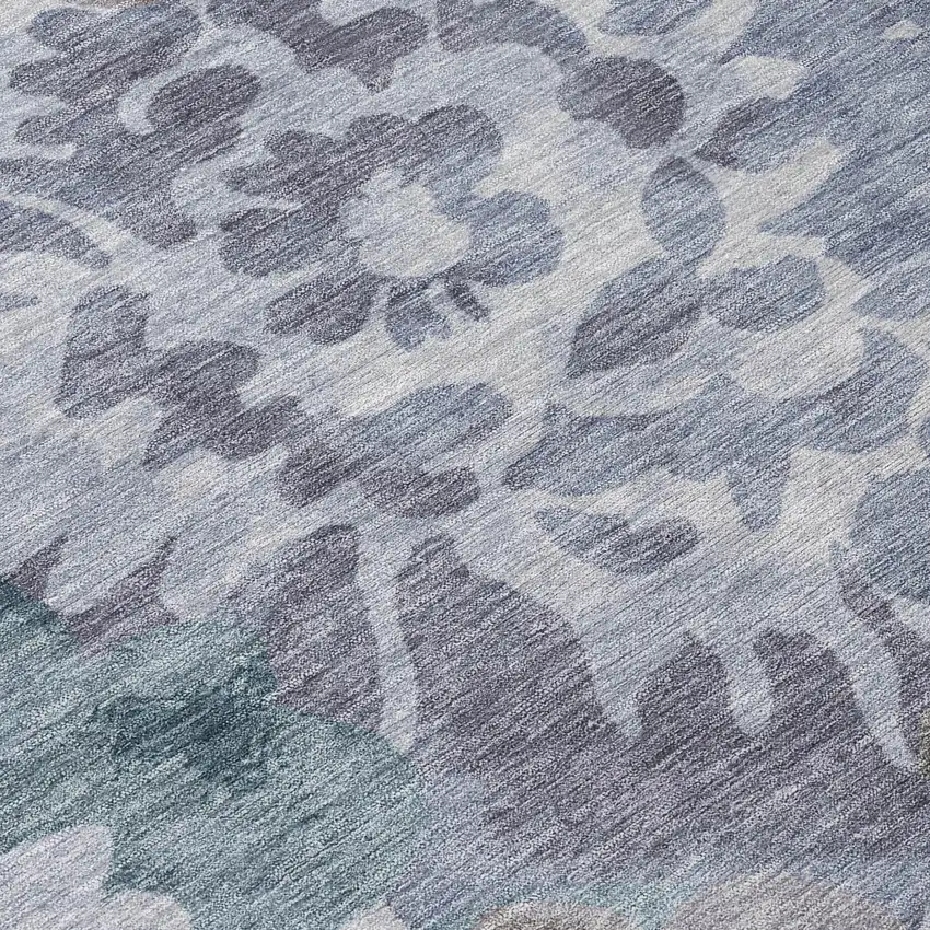 8' Blue And Silver Round Floral Washable Indoor Outdoor Area Rug Photo 9