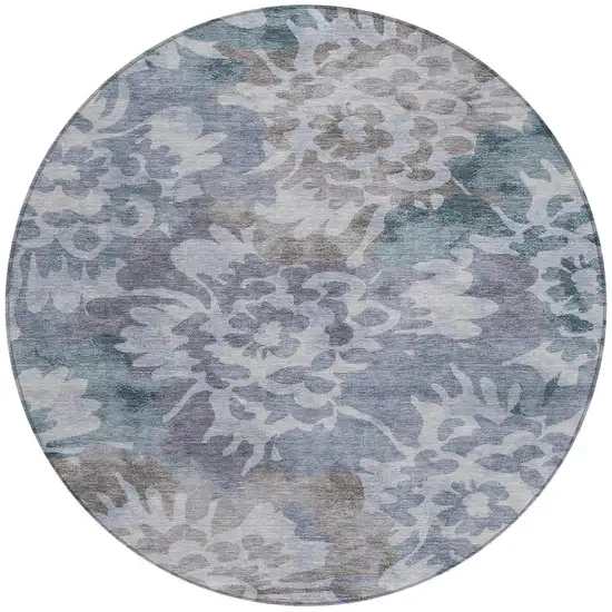 8' Blue And Silver Round Floral Washable Indoor Outdoor Area Rug Photo 3