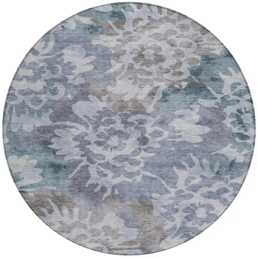 8' Blue And Silver Round Floral Washable Indoor Outdoor Area Rug Photo 3