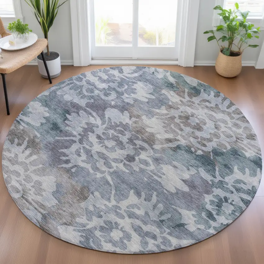 8' Blue And Silver Round Floral Washable Indoor Outdoor Area Rug Photo 6
