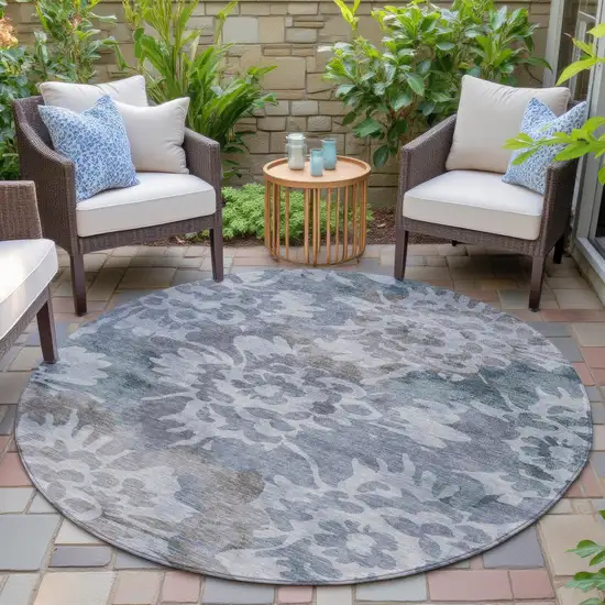 8' Blue And Silver Round Floral Washable Indoor Outdoor Area Rug Photo 5