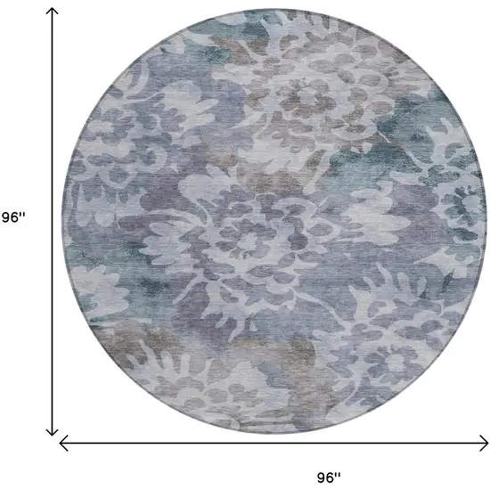 8' Blue And Silver Round Floral Washable Indoor Outdoor Area Rug Photo 8