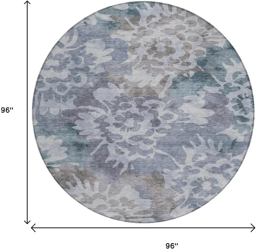 8' Blue And Silver Round Floral Washable Indoor Outdoor Area Rug Photo 8