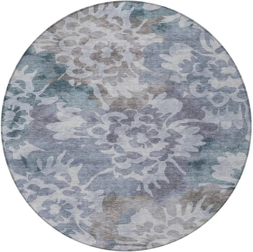 8' Blue And Silver Round Floral Washable Indoor Outdoor Area Rug Photo 4