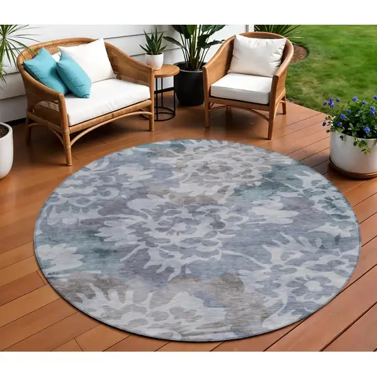 8' Blue And Silver Round Floral Washable Indoor Outdoor Area Rug Photo 2