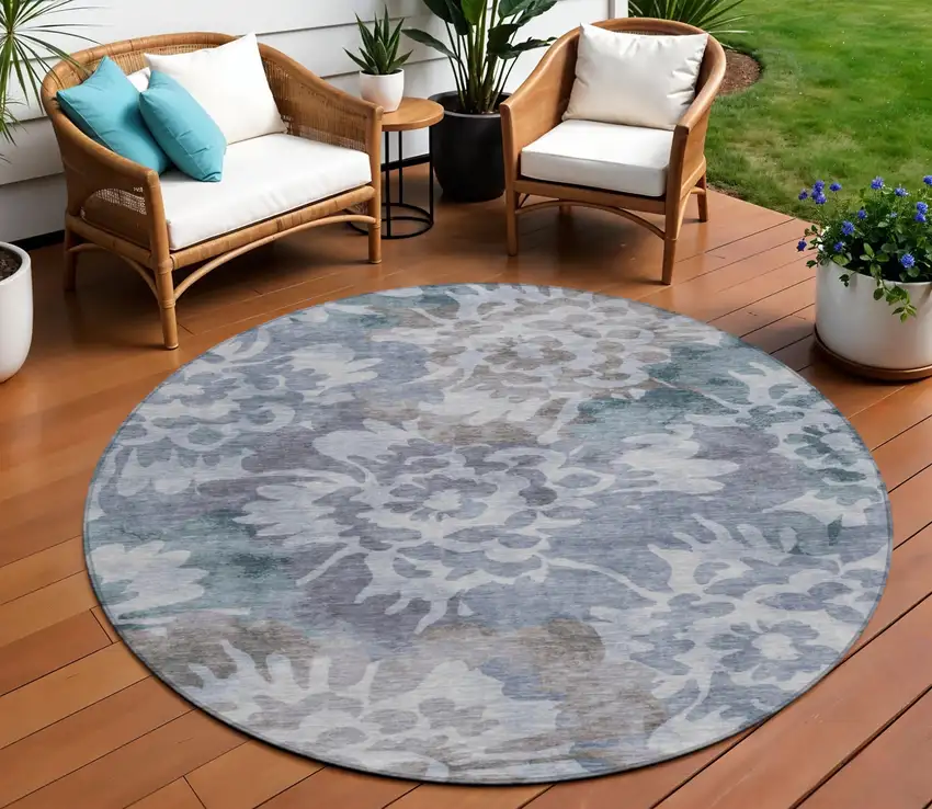 8' Blue And Silver Round Floral Washable Indoor Outdoor Area Rug Photo 2