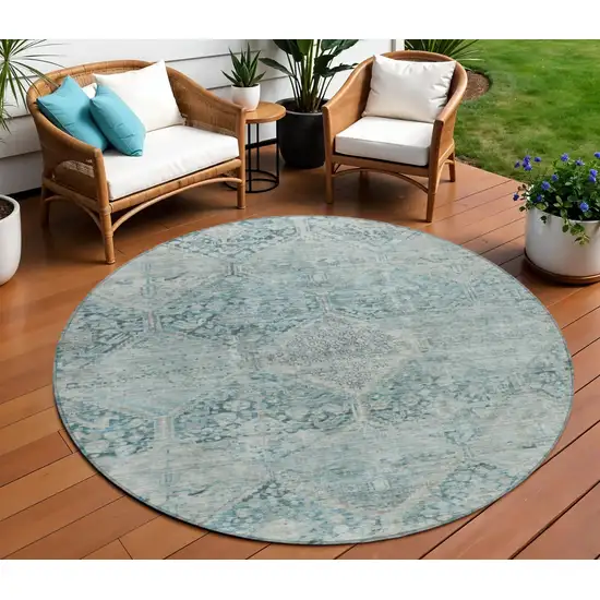8' Blue And Silver Round Geometric Washable Indoor Outdoor Area Rug Photo 2