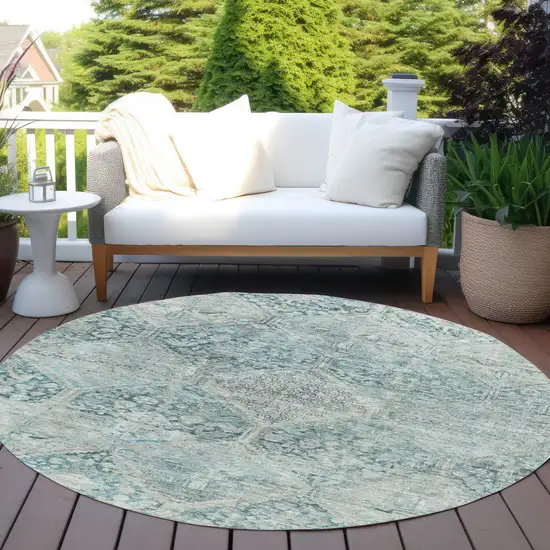 8' Blue And Silver Round Geometric Washable Indoor Outdoor Area Rug Photo 5