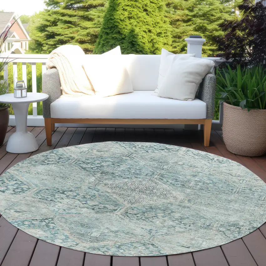 8' Blue And Silver Round Geometric Washable Indoor Outdoor Area Rug Photo 5