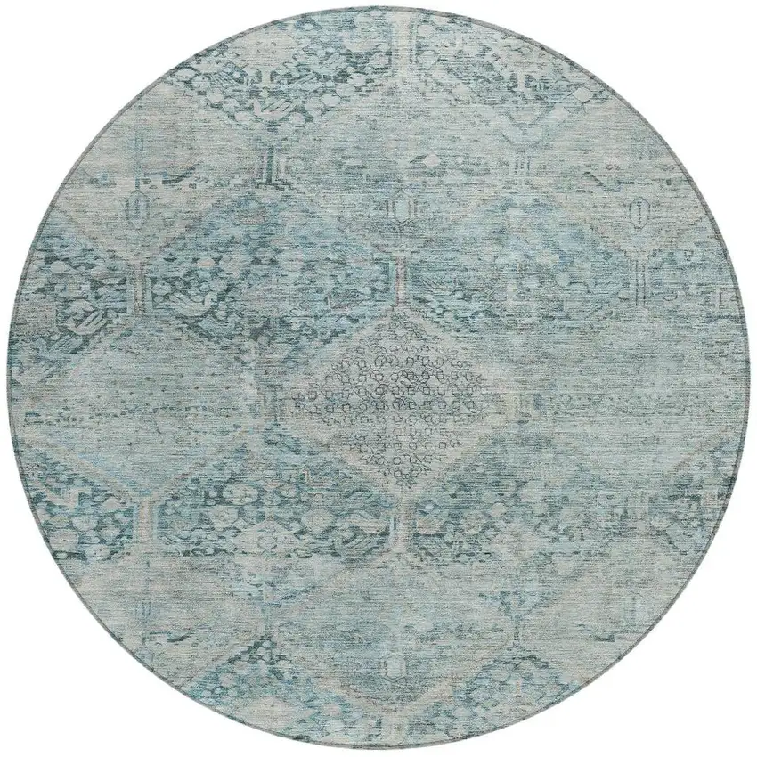 8' Blue And Silver Round Geometric Washable Indoor Outdoor Area Rug Photo 4