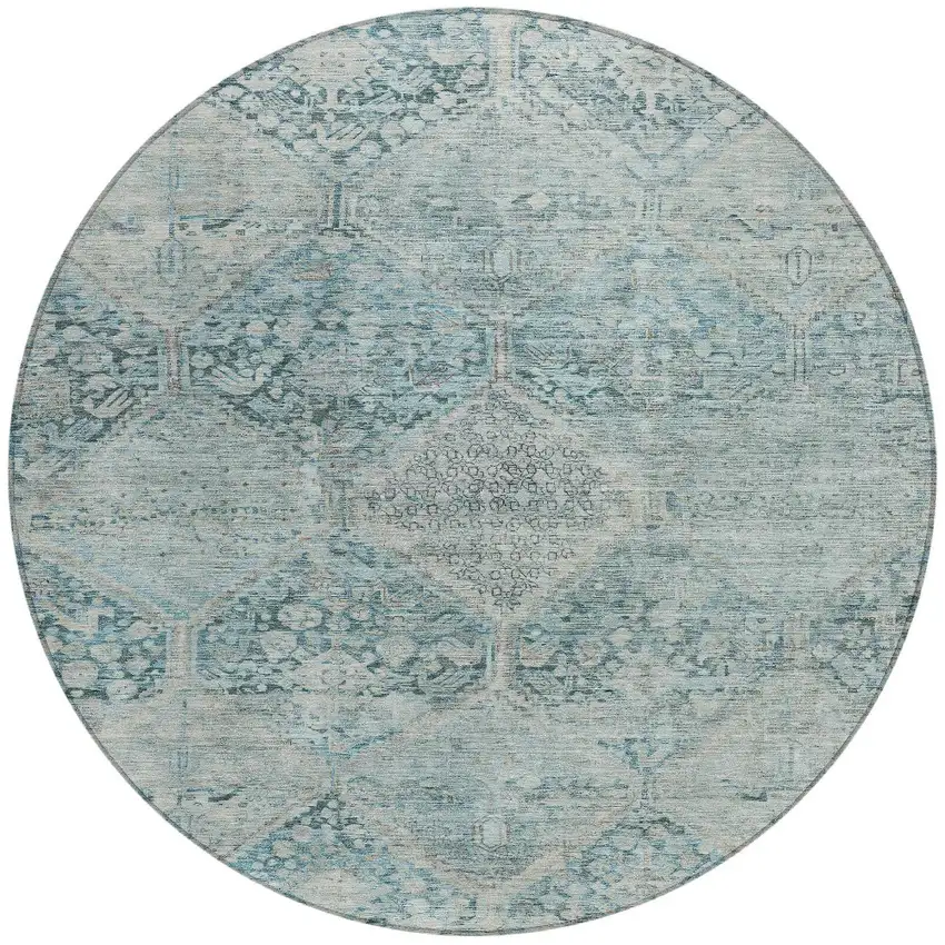 8' Blue And Silver Round Geometric Washable Indoor Outdoor Area Rug Photo 3