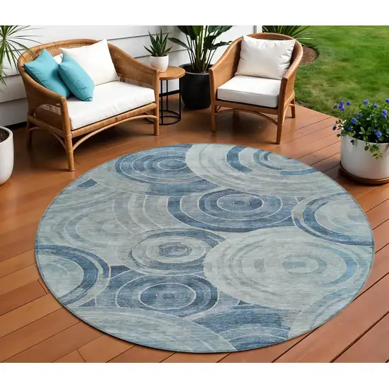 8' Blue And Silver Round Geometric Washable Indoor Outdoor Area Rug Photo 2