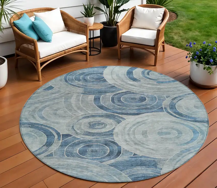 8' Blue And Silver Round Geometric Washable Indoor Outdoor Area Rug Photo 2