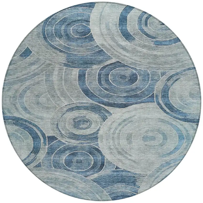 8' Blue And Silver Round Geometric Washable Indoor Outdoor Area Rug Photo 3