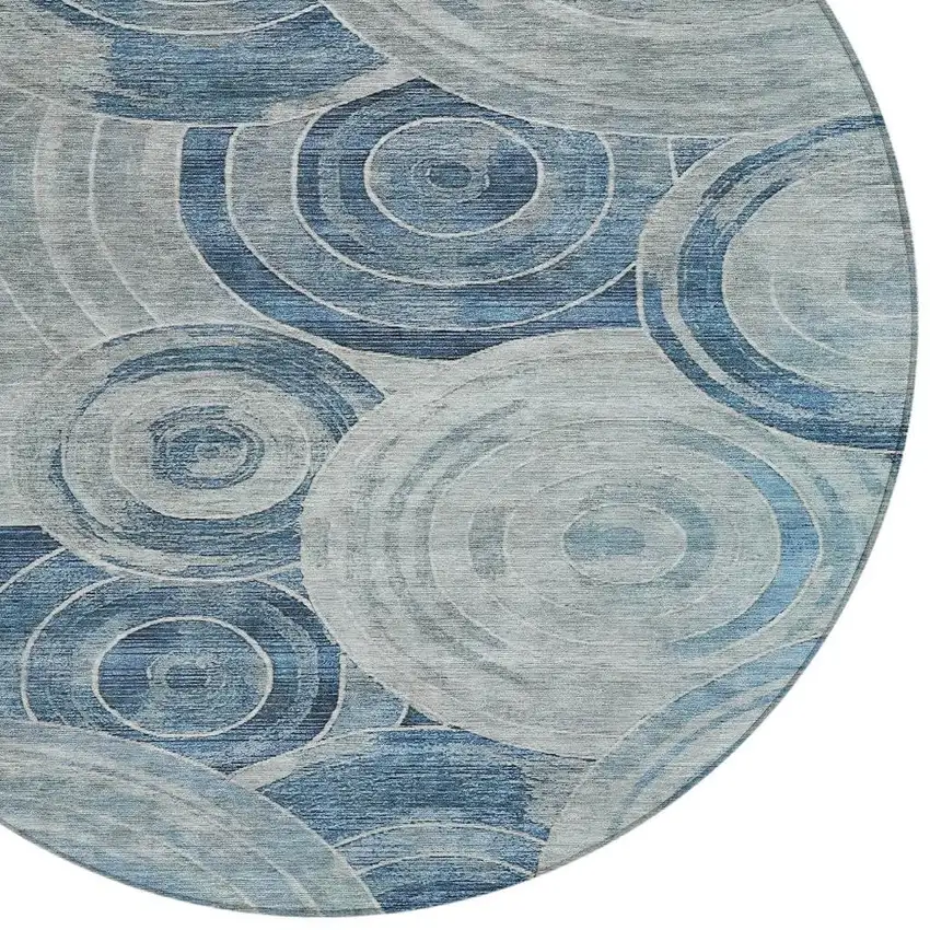 8' Blue And Silver Round Geometric Washable Indoor Outdoor Area Rug Photo 4