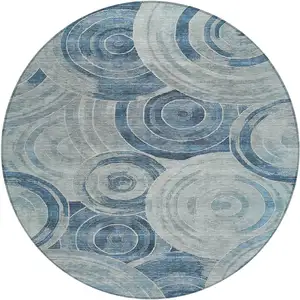 Photo of 8' Blue And Silver Round Geometric Washable Indoor Outdoor Area Rug