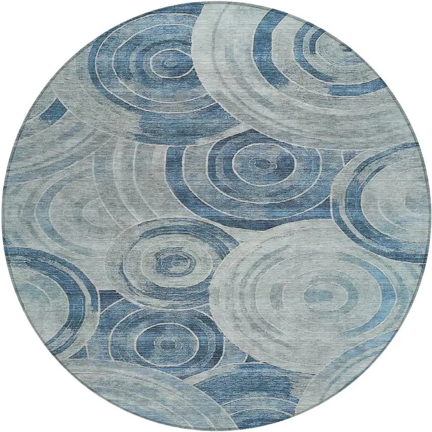 8' Blue And Silver Round Geometric Washable Indoor Outdoor Area Rug Photo 1