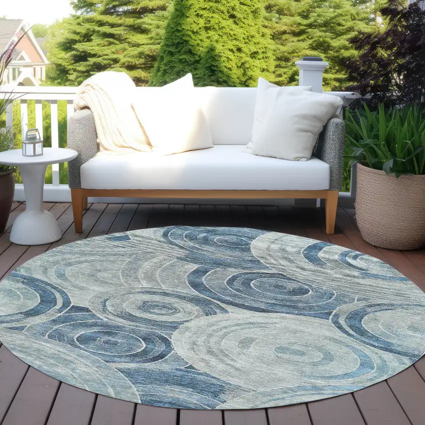 8' Blue And Silver Round Geometric Washable Indoor Outdoor Area Rug Photo 5
