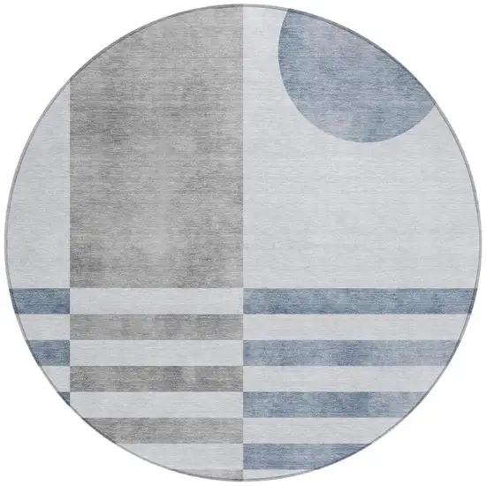 8' Blue And Silver Round Geometric Washable Indoor Outdoor Area Rug Photo 3