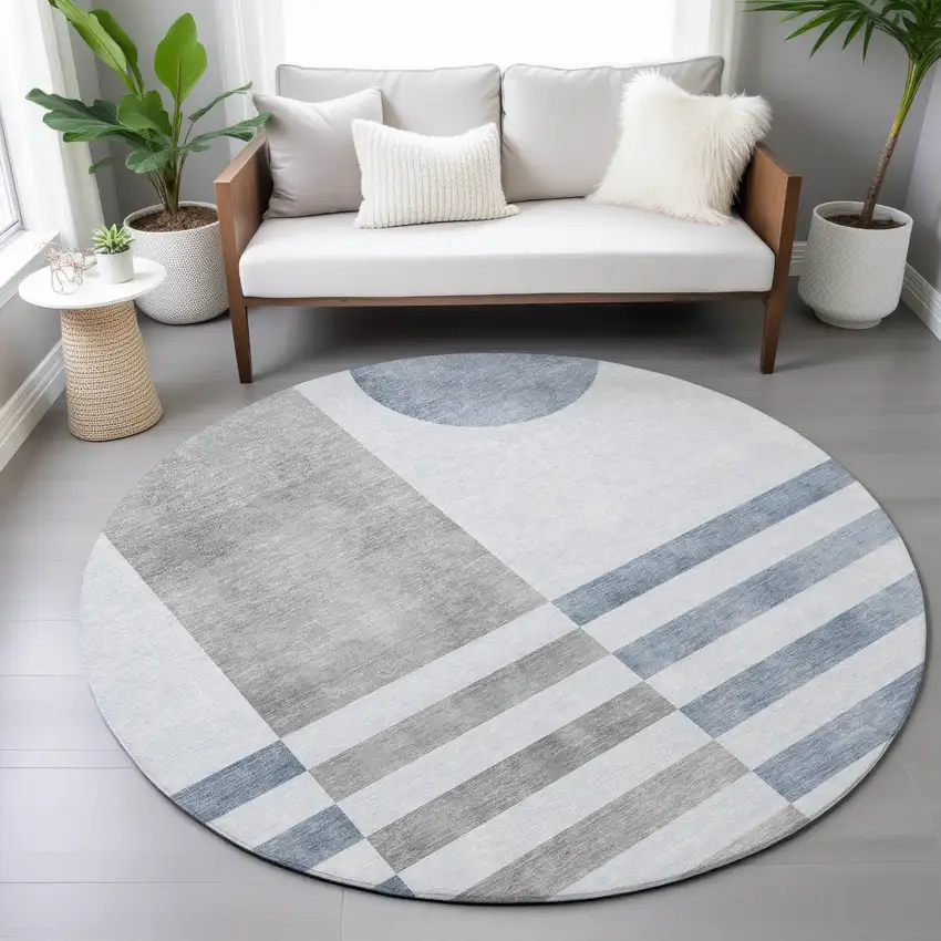 8' Blue And Silver Round Geometric Washable Indoor Outdoor Area Rug Photo 7