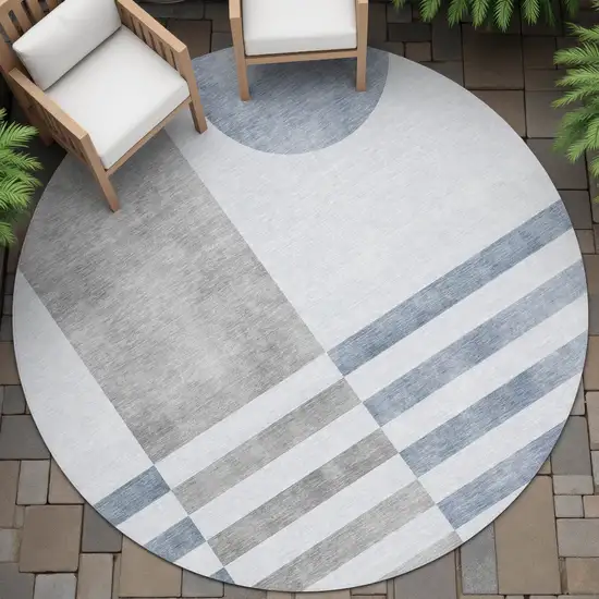 8' Blue And Silver Round Geometric Washable Indoor Outdoor Area Rug Photo 6