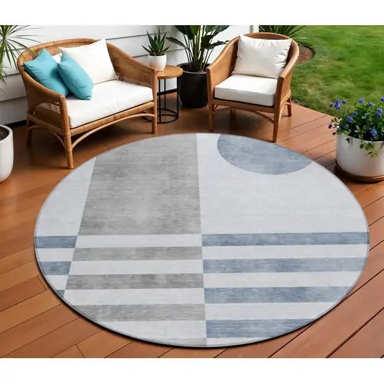 8' Blue And Silver Round Geometric Washable Indoor Outdoor Area Rug Photo 2