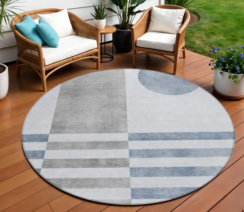 8' Blue And Silver Round Geometric Washable Indoor Outdoor Area Rug Photo 2