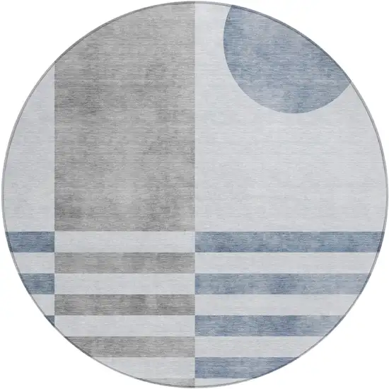8' Blue And Silver Round Geometric Washable Indoor Outdoor Area Rug Photo 1