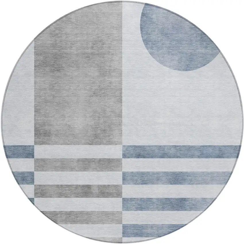 8' Blue And Silver Round Geometric Washable Indoor Outdoor Area Rug Photo 1