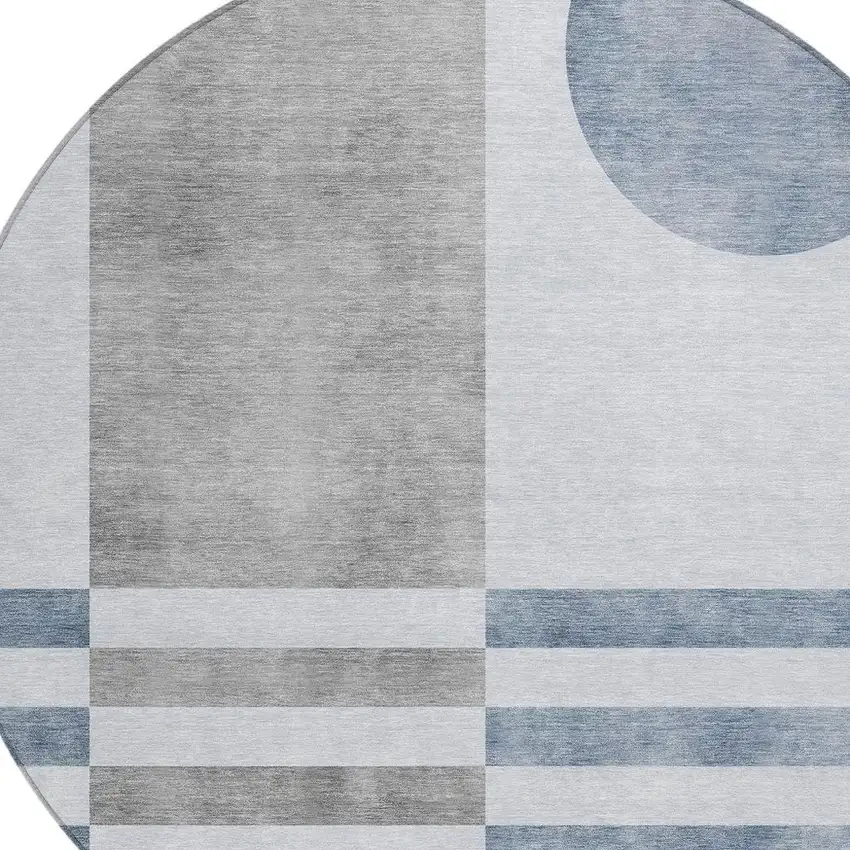 8' Blue And Silver Round Geometric Washable Indoor Outdoor Area Rug Photo 5