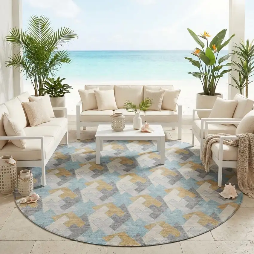 8' Blue And Silver Round Geometric Washable Indoor Outdoor Area Rug Photo 1
