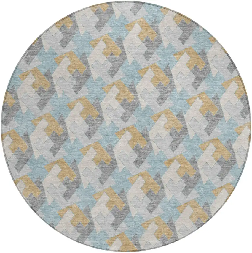 8' Blue And Silver Round Geometric Washable Indoor Outdoor Area Rug Photo 2
