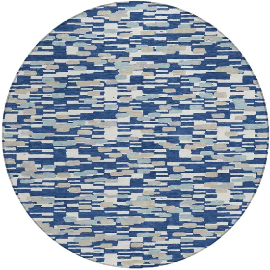 8' Blue And Silver Round Geometric Washable Indoor Outdoor Area Rug Photo 1