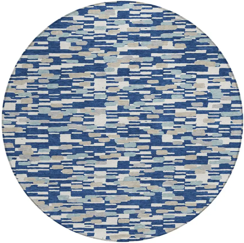 8' Blue And Silver Round Geometric Washable Indoor Outdoor Area Rug Photo 1