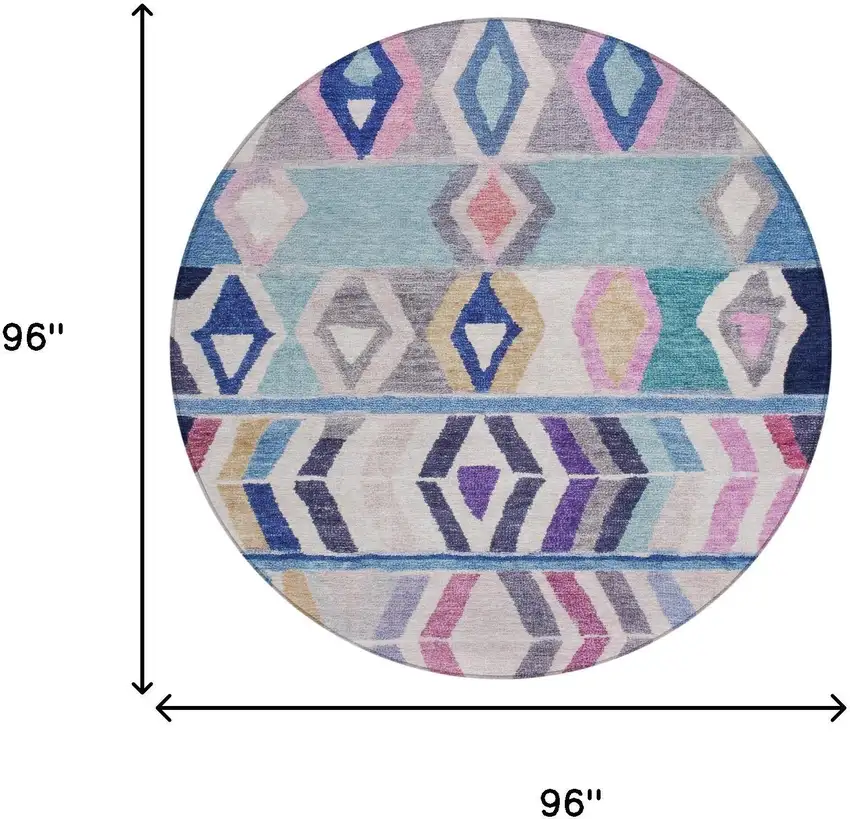 8' Blue And Silver Round Tribal Washable Indoor Outdoor Area Rug Photo 7