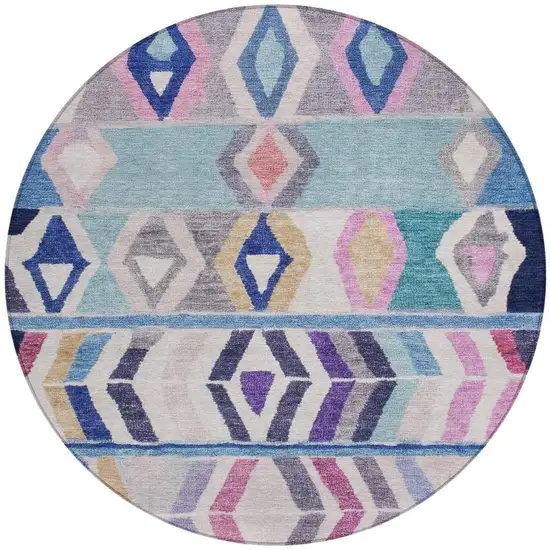 8' Blue And Silver Round Tribal Washable Indoor Outdoor Area Rug Photo 4